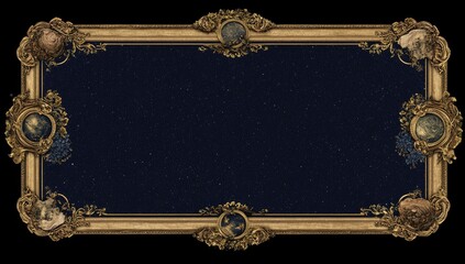 Ornate gold frame, dark starry night background, celestial imagery.  Detailed carvings,  planets,  and constellations adorn the border