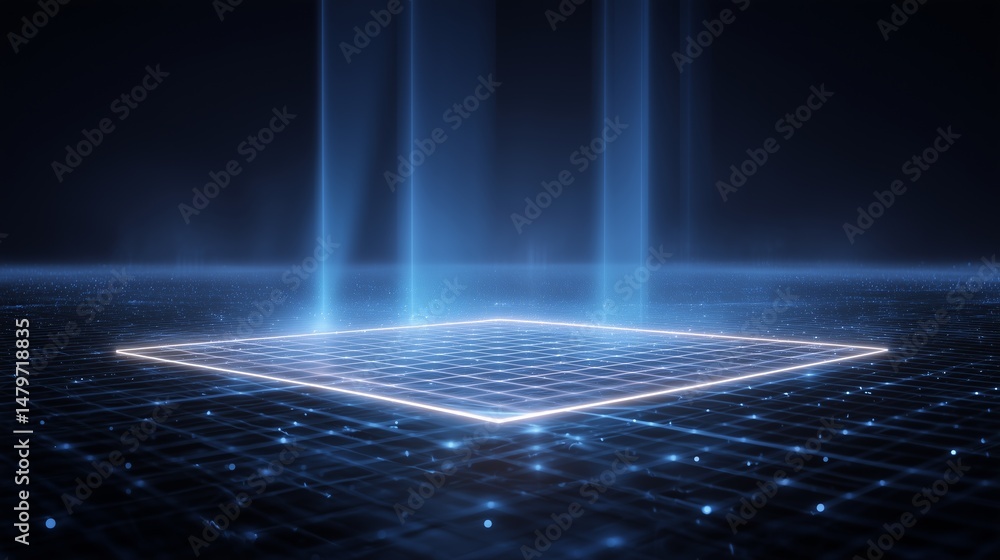 Poster transparent neural network grid hovering above glowing blue surface, light beams creating flare on d