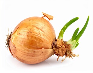 Old onion with green sprouts growing from the top, slightly dried skin, isolated on. Perfect for editorial, advertising, or themed content projects.