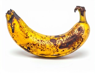 Overripe banana with brown spots, slightly bent, isolated on white background, high. Perfect for...