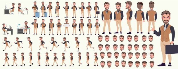 Man Character design. Front, side, back view and explainer animation poses. Character set with lip sync and facial expressions of Happy, angry, sad, Joy with Side walk cycle animation sequence sprite 