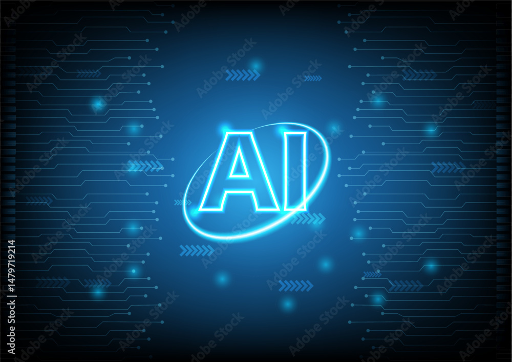 Poster artificial inteligence on ellipse ring and circuit background.