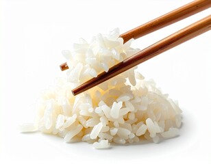 Pair of wooden chopsticks picking up a bite of soft Japanese white rice, isolated on. Perfect for...