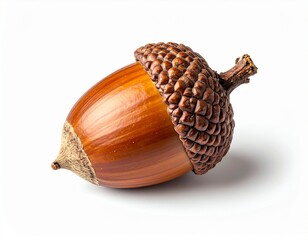 Single acorn with brown cap and smooth nut, isolated on white background. Perfect for editorial,...