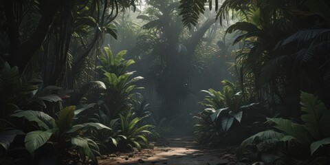 Intricate dark tropical leaves, vines, and shadows create a mysterious, lush jungle scene , dense, wild