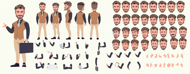 Man Character design. Front, side, back view and explainer animation poses. Character set with lip sync and facial expressions of Happy, angry, sad, Joy with Side walk cycle animation sequence sprite 