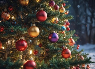 Vibrant baubles adorn a glowing Christmas tree, winter scene ,  red,  lights,  backdrop