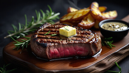 Juicy steak with seared marks topped with melting butter, served with golden wedges and peppercorn sauce. Dark, moody background enhances rich detail.