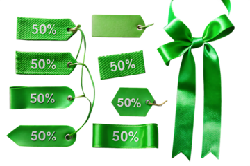 A collection of green fifty percent off sale tags with a green ribbon on a black background