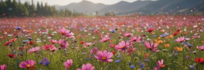 Vibrant cosmos flowers sway gently in a summer field ,  background,  day