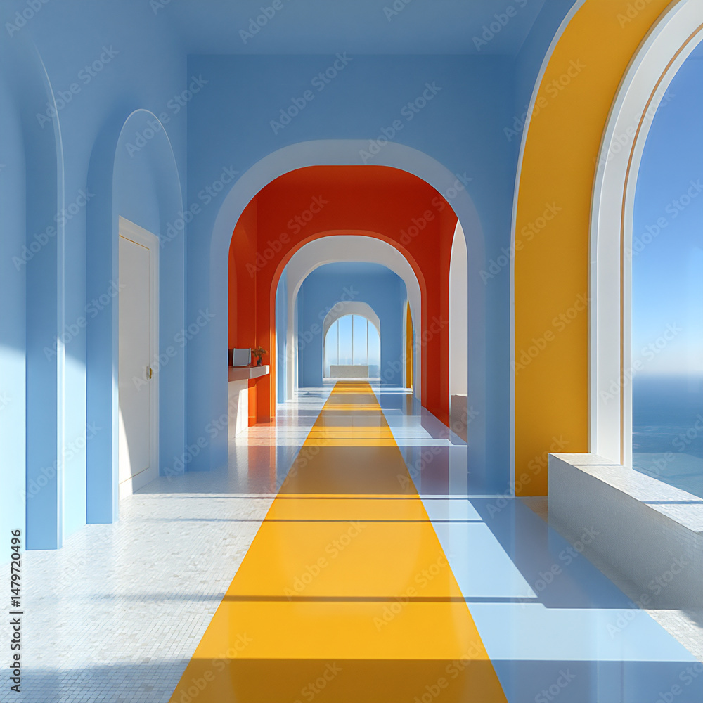 Poster a minimalist 3d artwork focusing on the vibrant color fields of an empty interior space illuminated 