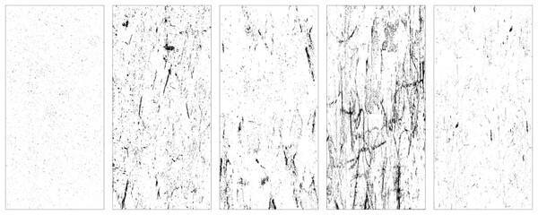 Set of grunge texture backgrounds. Collection of five grunge wall backdrops. Vector illustration.