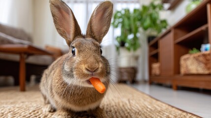 A brown rabbit with long ears nibbles a small carrot, looking directly at the camera in a home setting, rabbit eating carrot, cute bunny.