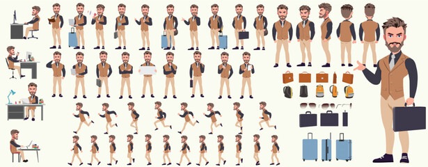Man Character design. Front, side, back view and explainer animation poses. Character set with lip sync and facial expressions of Happy, angry, sad, Joy with Side walk cycle animation sequence sprite 