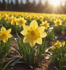 Glistening daffodil petals, sunny field, vibrant yellow hues , daffodil bloom, flower petals