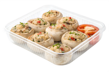 A plastic container filled with stuffed mushrooms and a slice of tomato on a white background