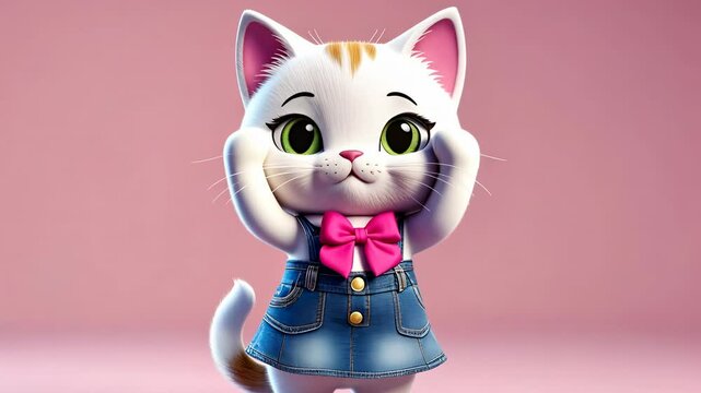 Cute cartoon white kitty with bow on denim sundress stands on pink background and wrap your paws around, shaking her head. Children's themes.