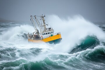 Fototapeta premium Fishing Boat in Rough Seas Dramatic View of Vessel Battling Waves in Stormy Weather Coastal Scene Maritime Adventure Nautical Challenge