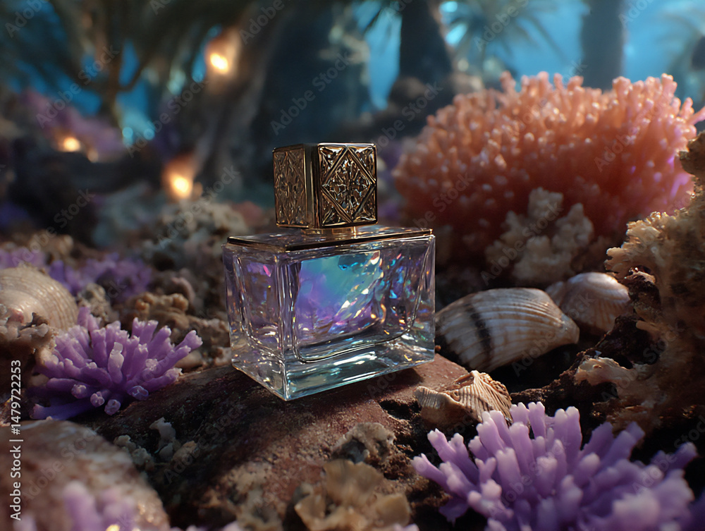 Poster an enchanting image of a clear bottle containing a shimmering fluid, with mystical elements around, 