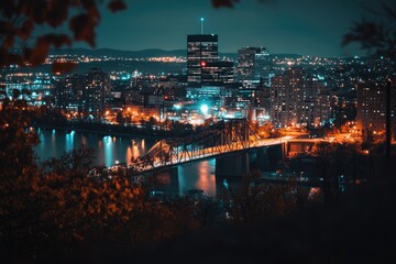 Fototapeta premium Panoramic view of the cityscape of Montreal, Canada, with hills and a bridge across a river. The hill has some buildings on it. It's nighttime.