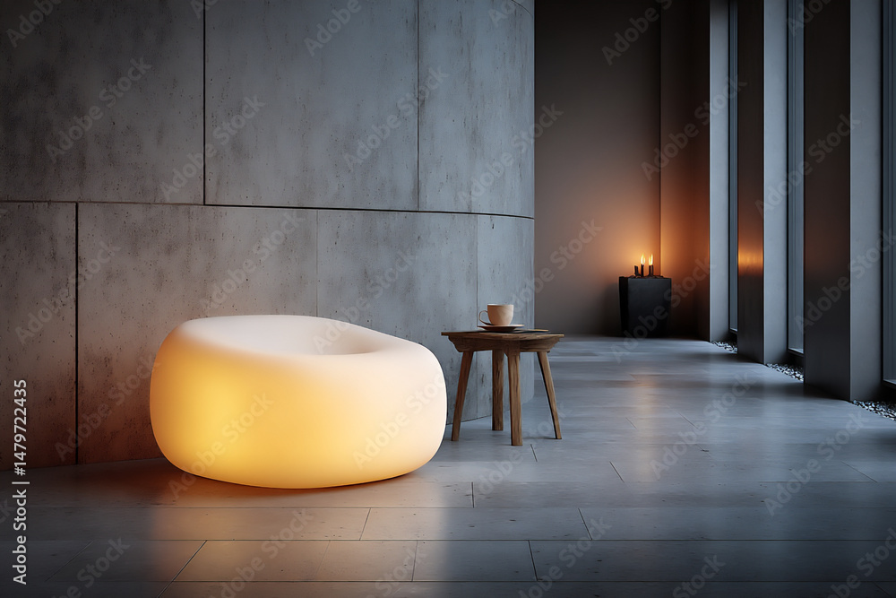 Poster a calming 3d illustration of a gently glowing white form resting on a smooth floor in a softly lit e