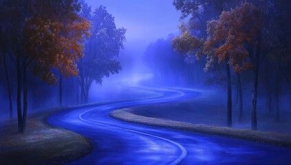 Winding road through a misty autumnal forest.  The path leads into a soft blue, ethereal landscape.  Colorful leaves on trees line the way