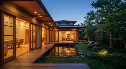 Obraz premium The twilight view of a modern house with a pond reflects the house's beauty.
