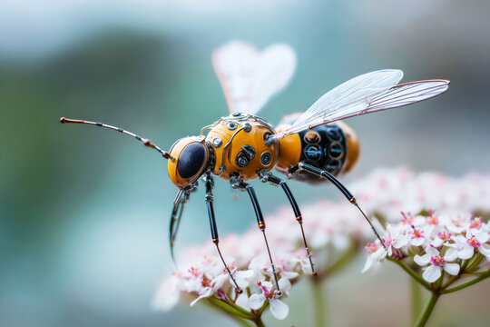 Highly detailed futuristic insect drone mimics a bee as it hovers over delicate white flowers, symbolizing advanced pollination technology in a soft natural setting. ai generative