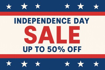 Independence Day sale banner with stars and red, white, blue colors, 50 percent off promotion