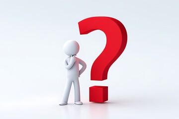 3d render of thinking stick figure posing alongside a large red question mark