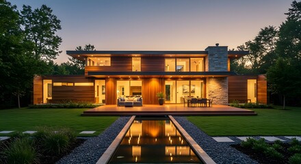Obraz premium A beautifully designed modern home showcasing wood and stone finishes with evening ambiance and a pool.