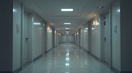 Obraz premium Long empty hallway with closed doors and dim lighting creating a mysterious atmosphere