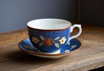 The wooden table had a blue cup and saucer
