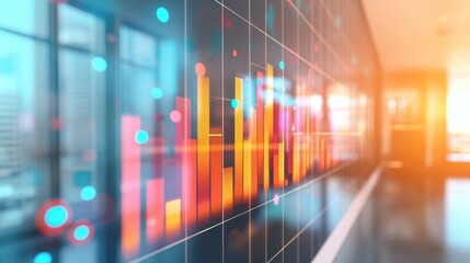 Fototapeta premium Colorful data visualization displayed on a large screen in a modern office setting. Graphs and charts illustrate data trends