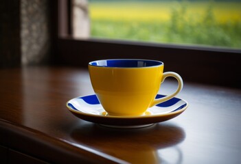 Obraz premium The wooden table had a yellow cup and saucer