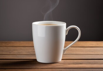 There's a puff of smoke coming out of a cup of coffee on the wooden table
