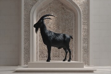 A black goat sculpture displayed in a light-toned alcove.