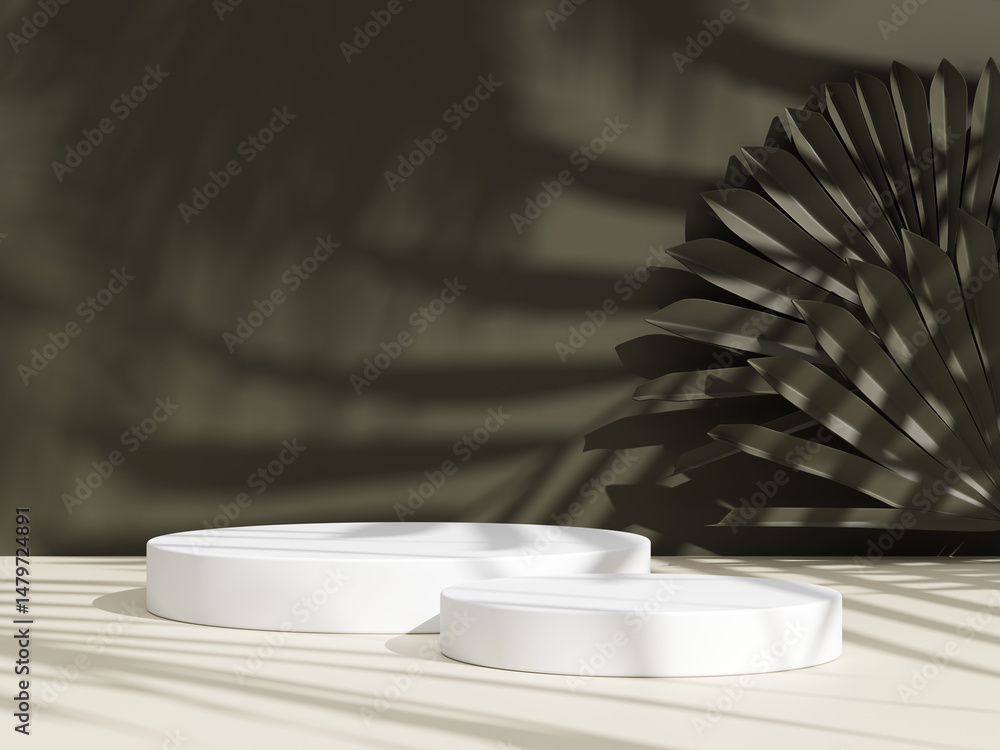 Poster clean, minimalist podium display with two white round podiums casting intricate shadows on a soft su