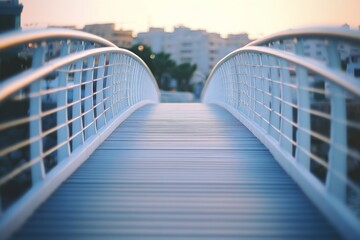 A smooth, modern bridge arching gracefully over a cityscape during dawn, capturing a moment of solitude and connection in urban architecture.
