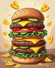 Stacked Beef Burger with Melting Cheese and Sesame Seed Bun