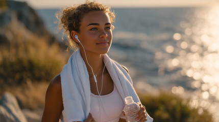 With earbuds in and workout complete, the young woman drinks water while gazing at the endless sea, her towel fluttering in the breeze