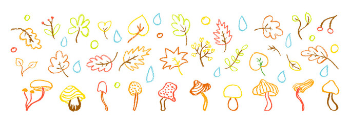 Colorful crayon autumn vector set with leaves, mushrooms, forest berry and raindrops perfect for children, kindergarten crafts, back to school seasonal designs and educational materials. © A_Y_N