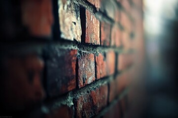 Naklejka premium A weathered brick wall in soft focus hints at stories of urban history and resilience through its rough textures and worn surface.