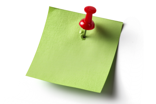 Green Sticky Note with Red Push Pin on White Background – Blank Memo Paper

