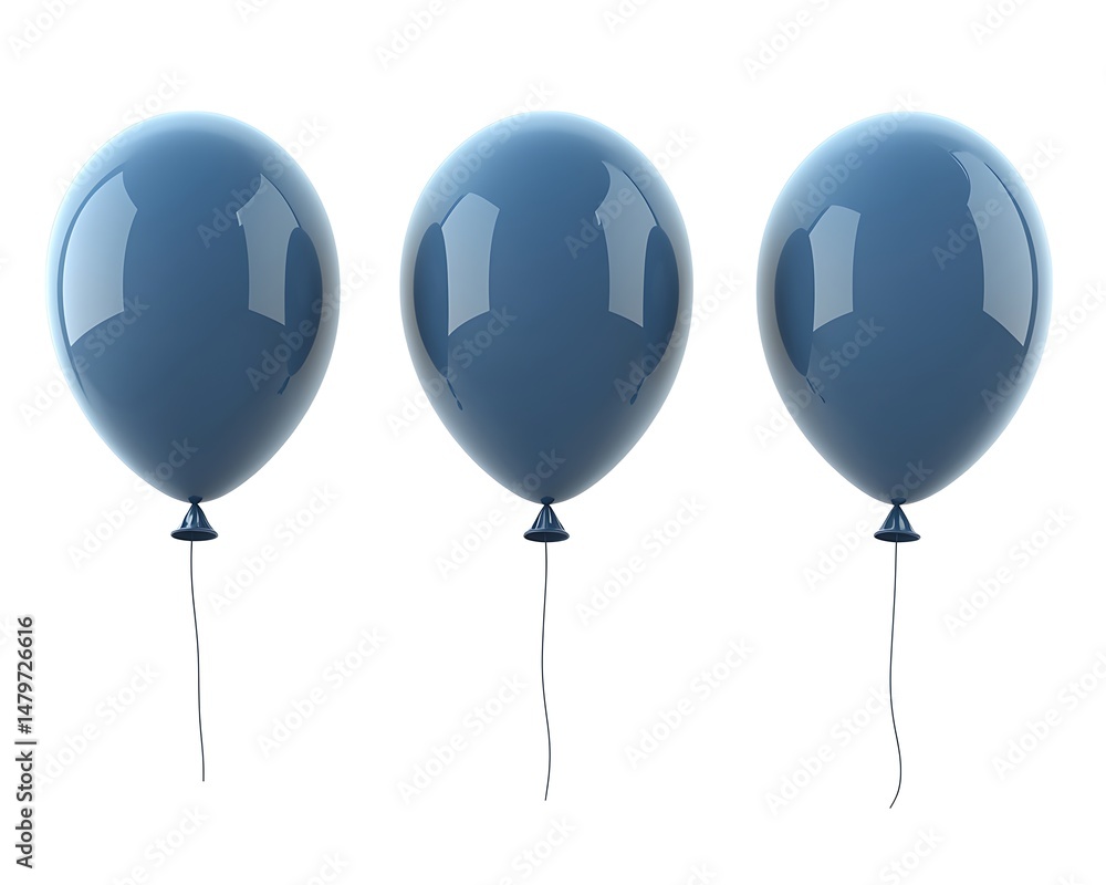 Poster three shiny blue balloons with strings isolated against a white background