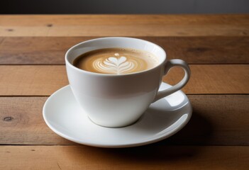 Obraz premium There's a cup of coffee on a saucer on the wooden table