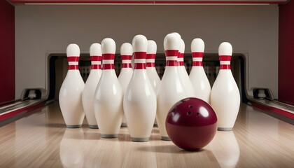 Naklejka premium A bowling ball is set in front of the bowling pins on the lane, ready to be rolled.