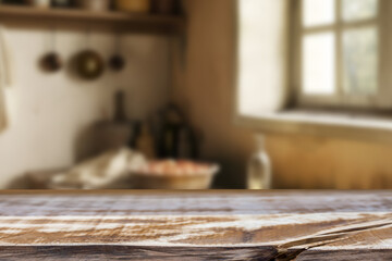Empty wooden kitchen counter mockup, product display background. Wood table top on marble, blurred interior. Modern style home kitchen, restaurant advertising. Copy space for food, drinks, dishes