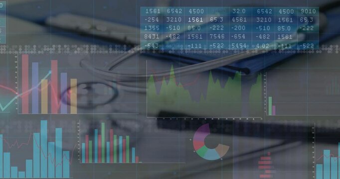 Stethoscope chest piece floating over desk, showing financial analytics charts and smartphone icons