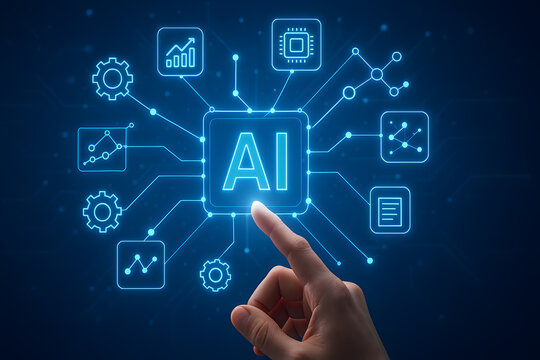 A hand interacts with a futuristic AI interface showcasing data analysis, technology, and innovation through interconnected nodes and symbols representing processing and algorithms.
